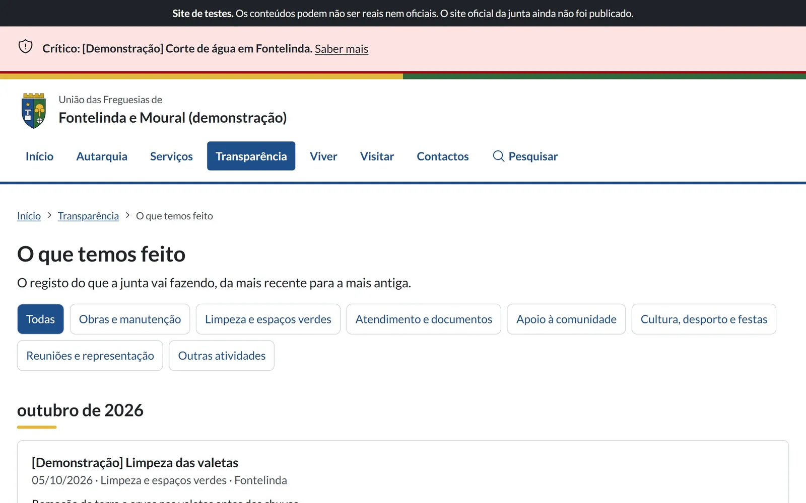 Página "O que temos feito" do site de demonstração, com o registo da atividade da junta, filtros por categoria e entradas por mês.
