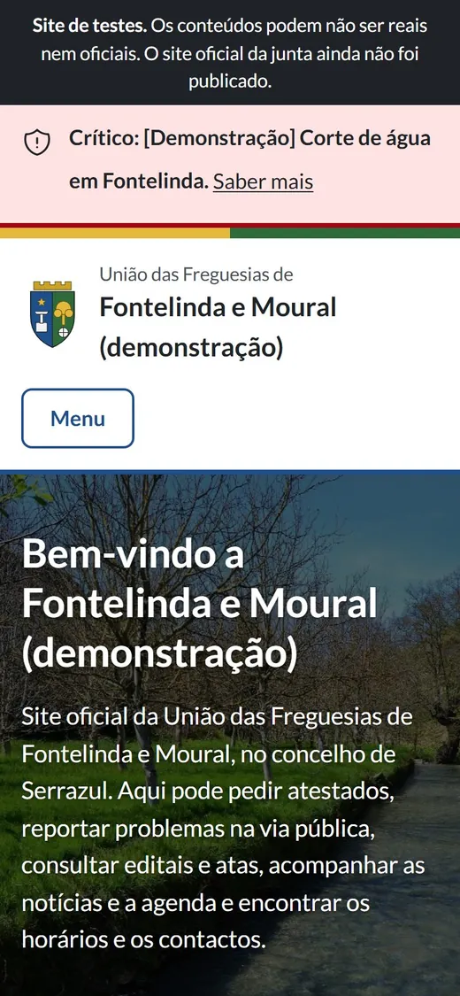 A mesma página inicial, no ecrã de um telemóvel.