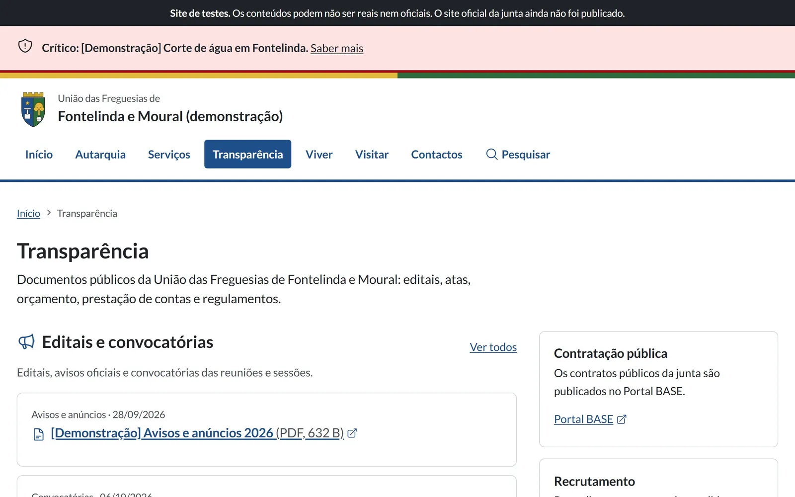 Página de transparência do site de demonstração, com editais e convocatórias e a ligação ao Portal BASE.